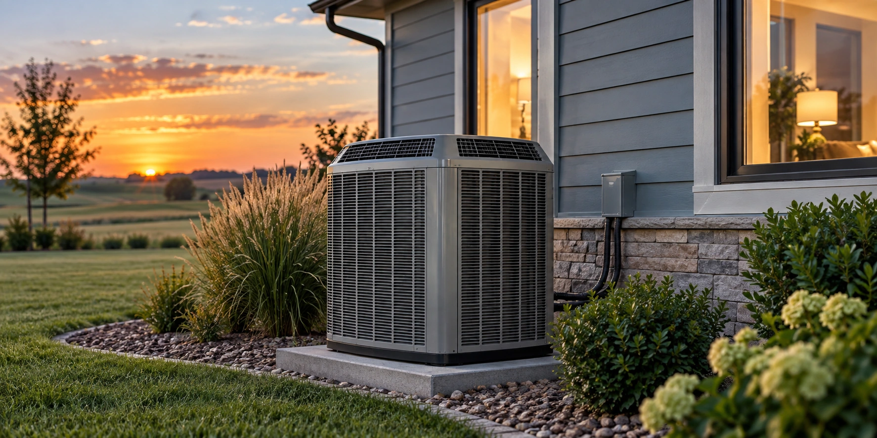 A modern unbranded outdoor air conditioner beside a neat Nebraska home with warm window light, landscaped grasses and uncluttered central view; realistic HVAC system detail.