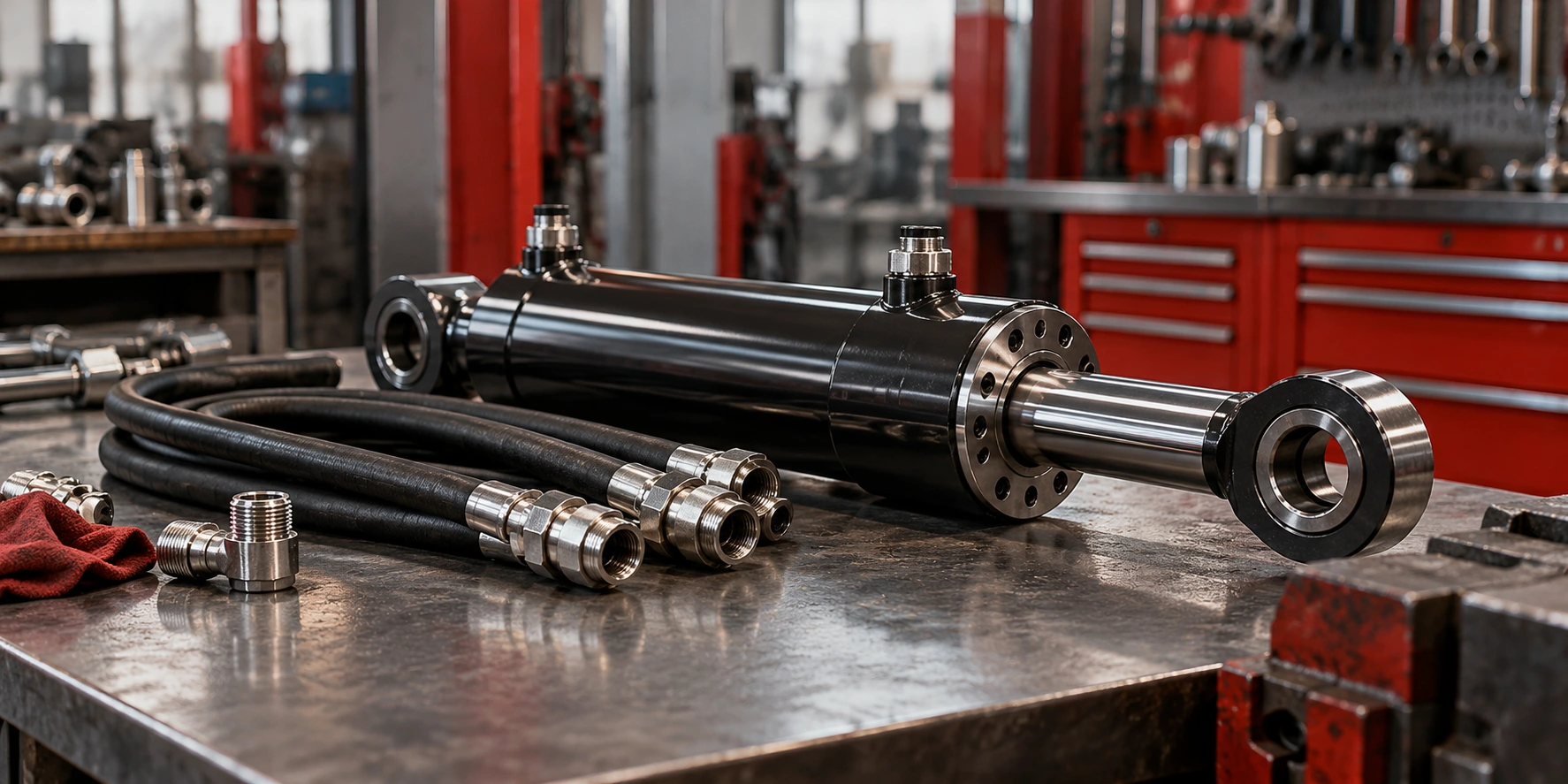 Precisely machined hydraulic cylinder and black hydraulic hoses with steel couplings on a clean industrial workbench, selective focus, red workshop accents.