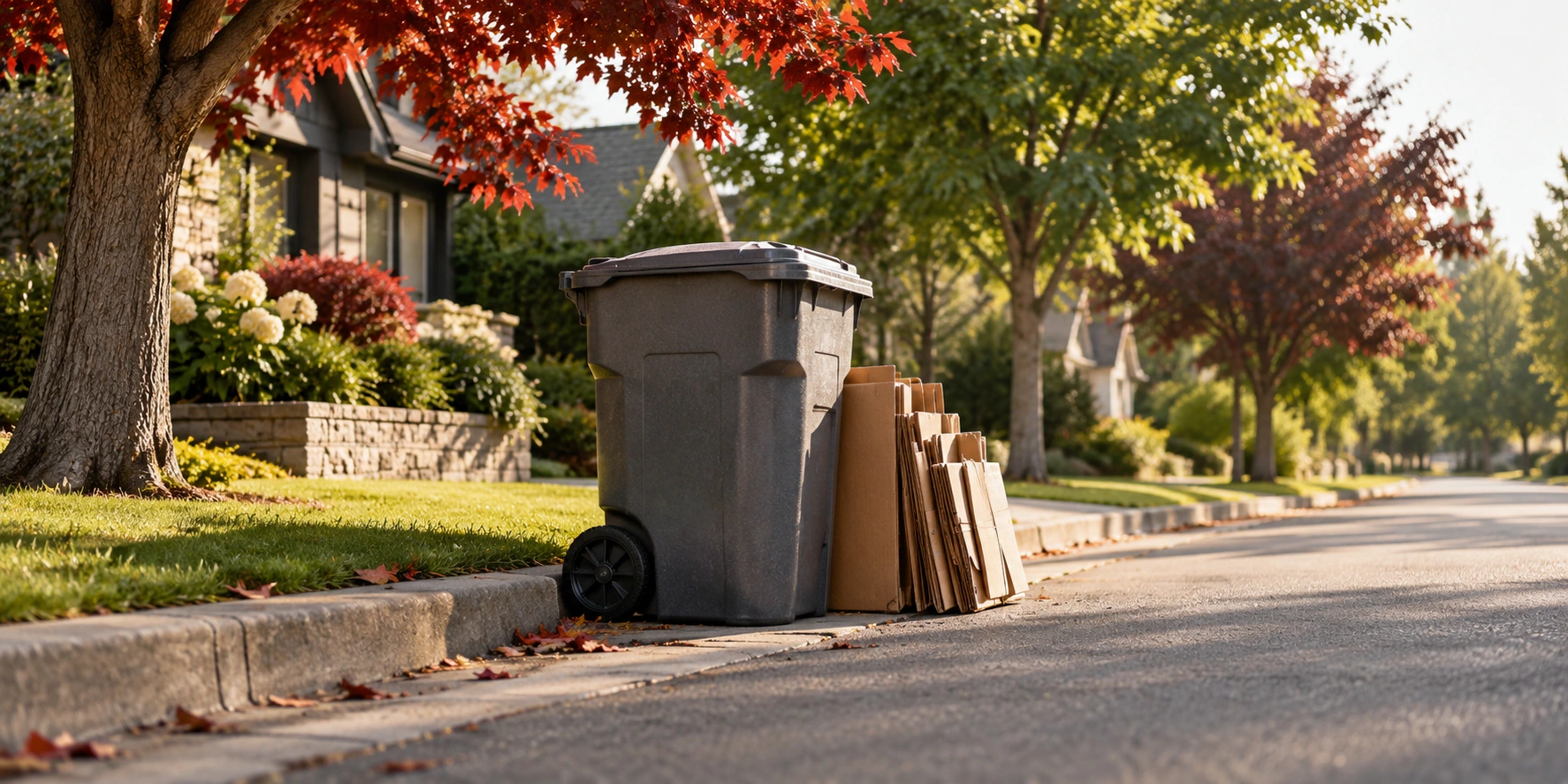 Lincoln residential curb with neutral unbranded refuse cart and neatly flattened cardboard ready for collection, neighborhood trees, clean morning light.