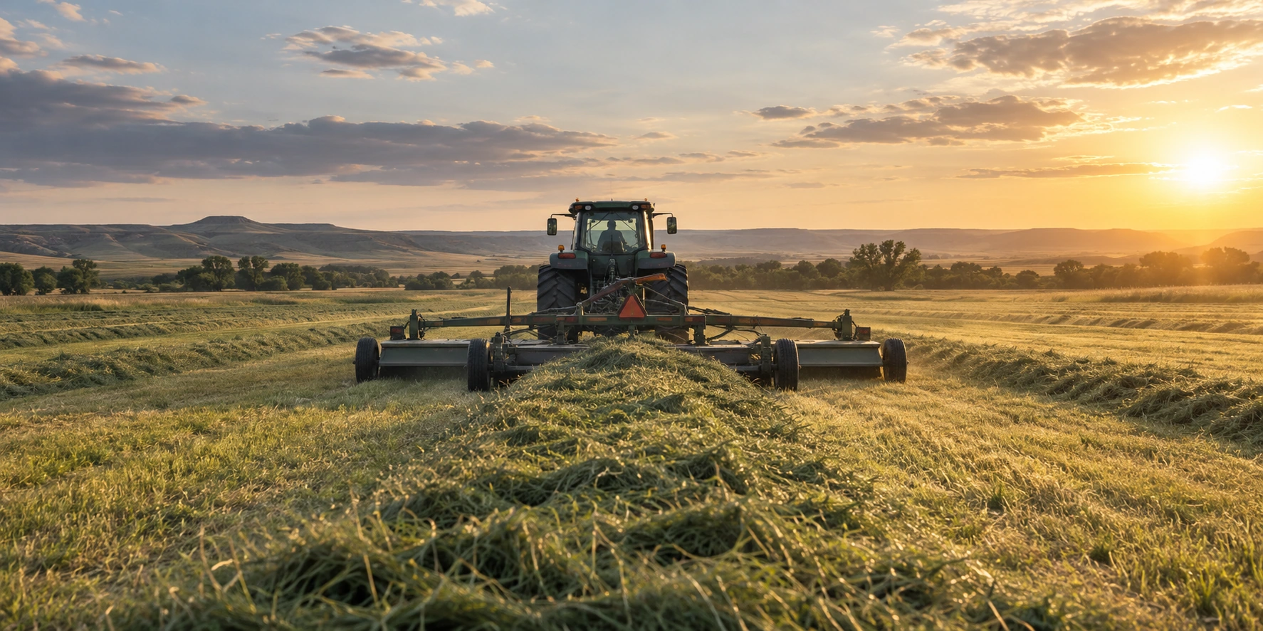 Agricultural hay mower in a Whitman Nebraska prairie hayfield, long horizon and late afternoon sun; generic unbranded farm implement prominently centered.