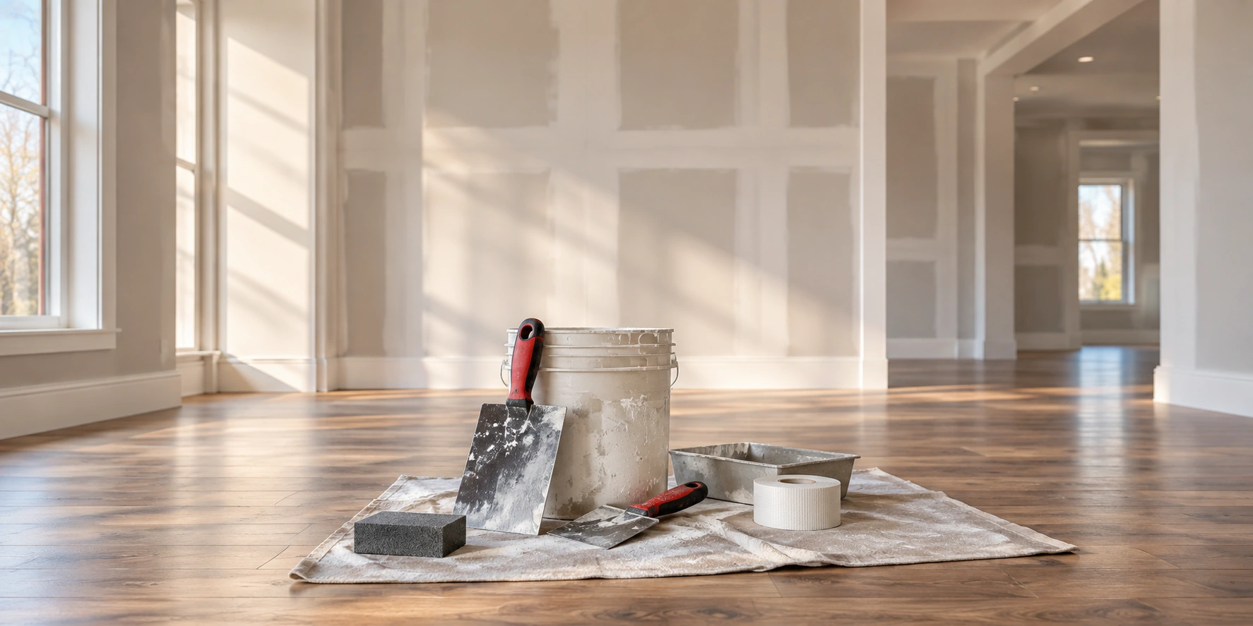 Freshly finished drywall interior with smooth wall planes, gentle side lighting and wood floor, small neat drywall tools foreground, red-handled tool accent.