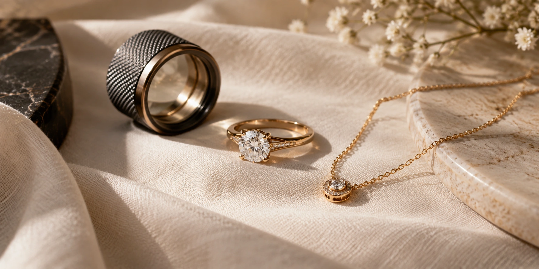 Fine jewelry editorial still life of elegant gold ring and necklace on ivory linen with softly lit jeweler loupe, understated refined mood; conceptual pieces, no branded stock.