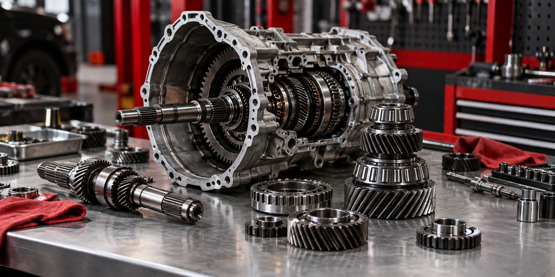 Unbranded automotive transmission gears and assembly on spotless workshop bench, metallic texture and subtle red shop accents, no invented storefront.