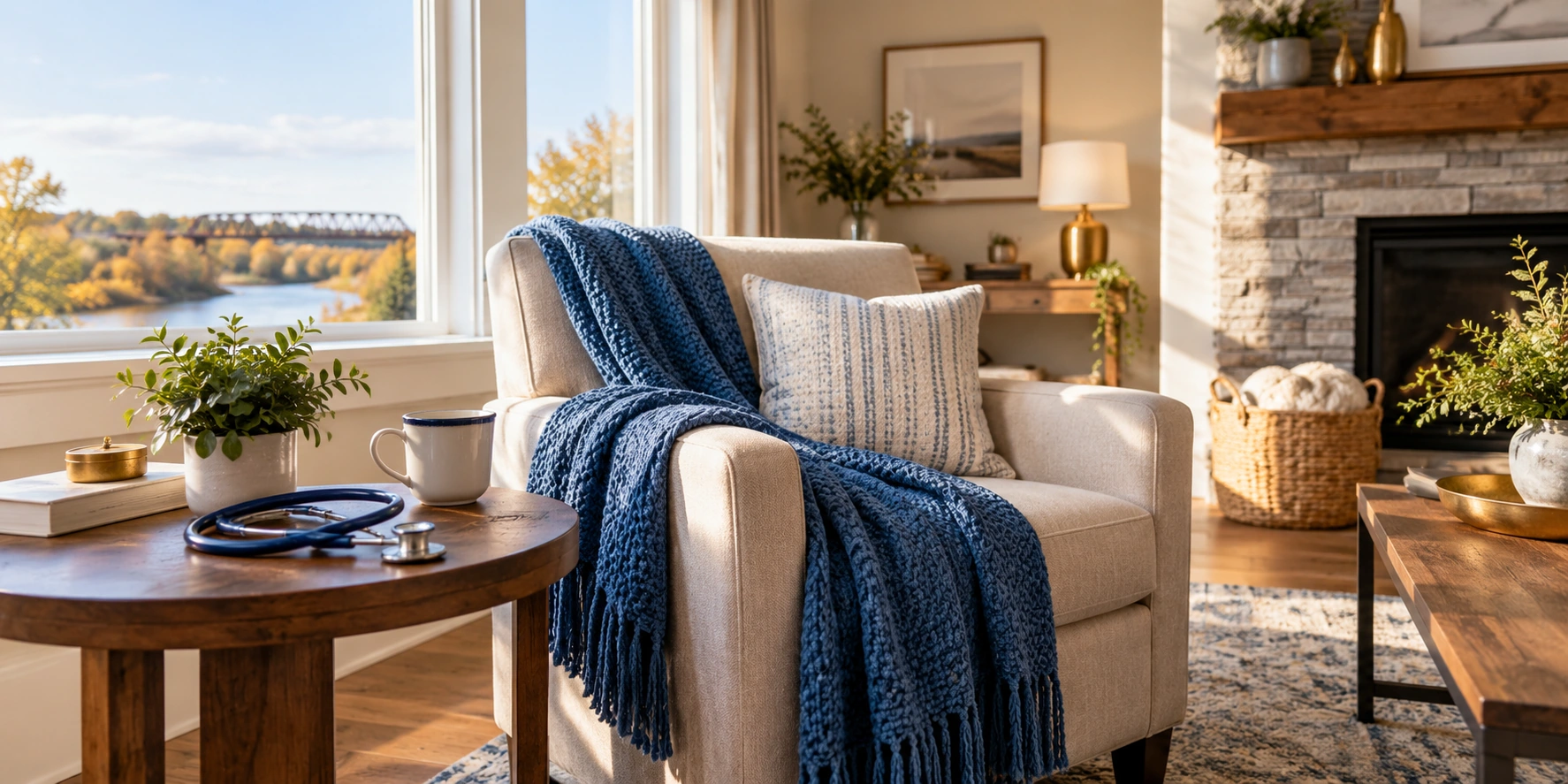 Quiet comfortable North Platte home with blue throw on armchair and a nurses unbranded stethoscope on side table, inviting natural daylight, warm humane editorial style.