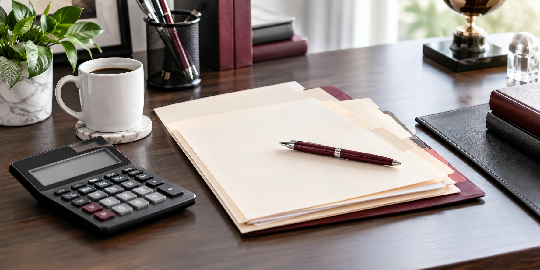 Orderly tax preparation workspace with calculator, blank paper folders and burgundy pen, bright professional office light; no numbers or writing.
