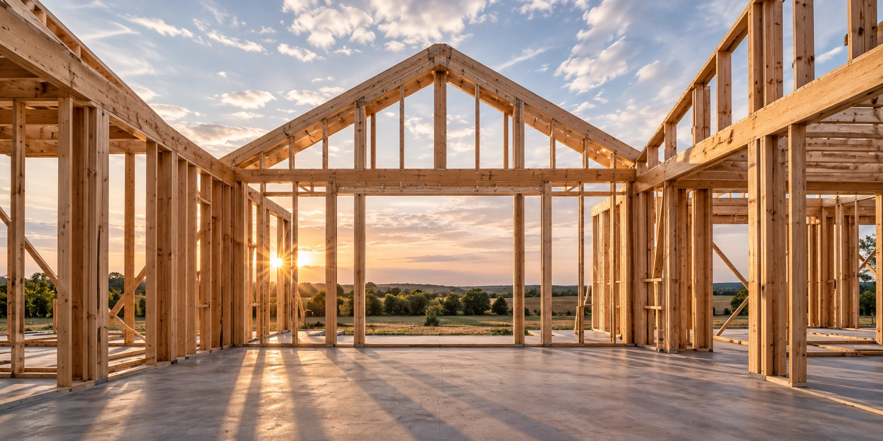Architectural composition of a newly framed residential building, timber joints and open interior, Nebraska sky; uncluttered construction detail.