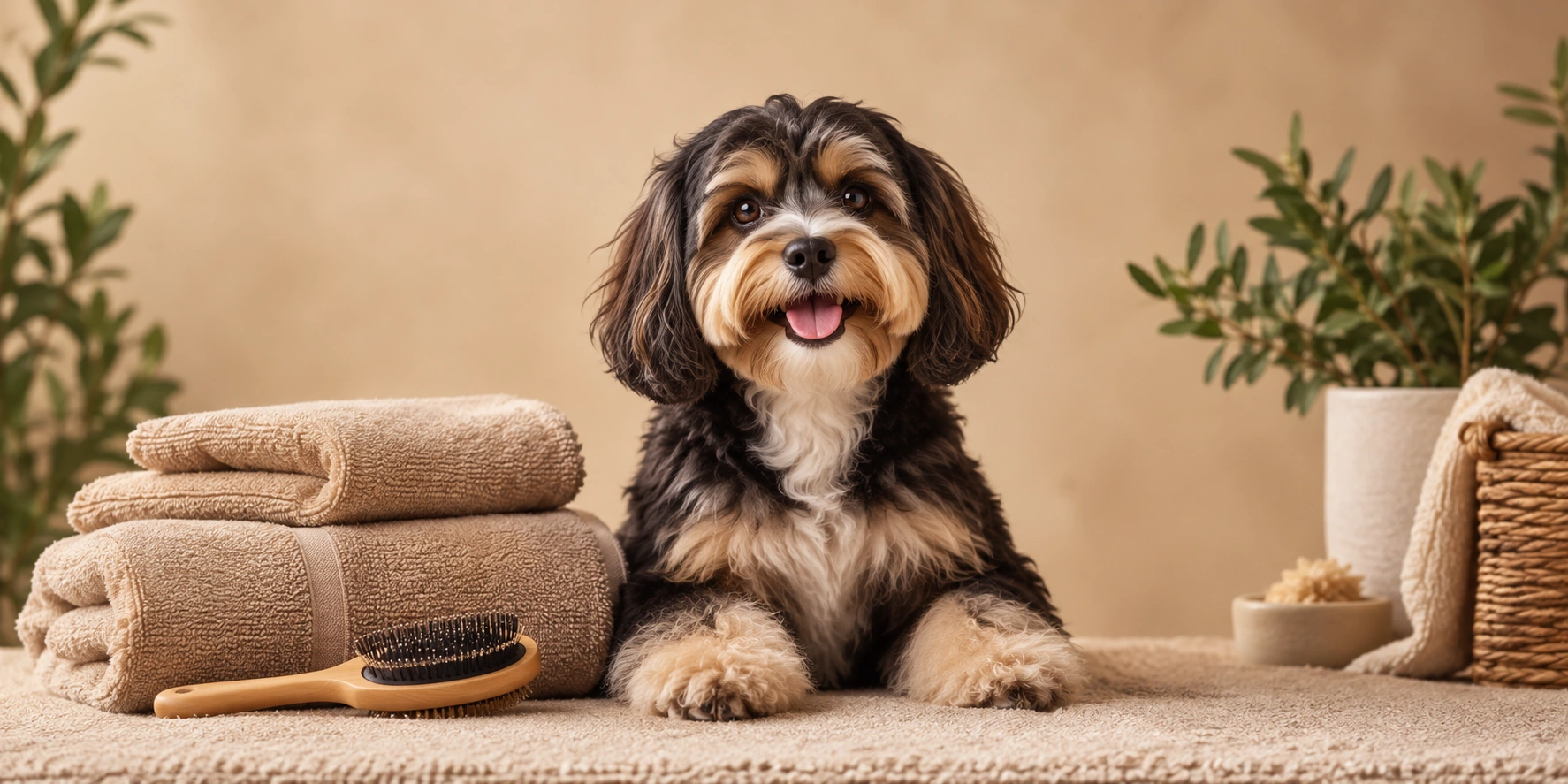 Well-groomed small dog sitting beside neatly folded tan towels and grooming brush in a warm neutral studio, friendly pet editorial photograph.