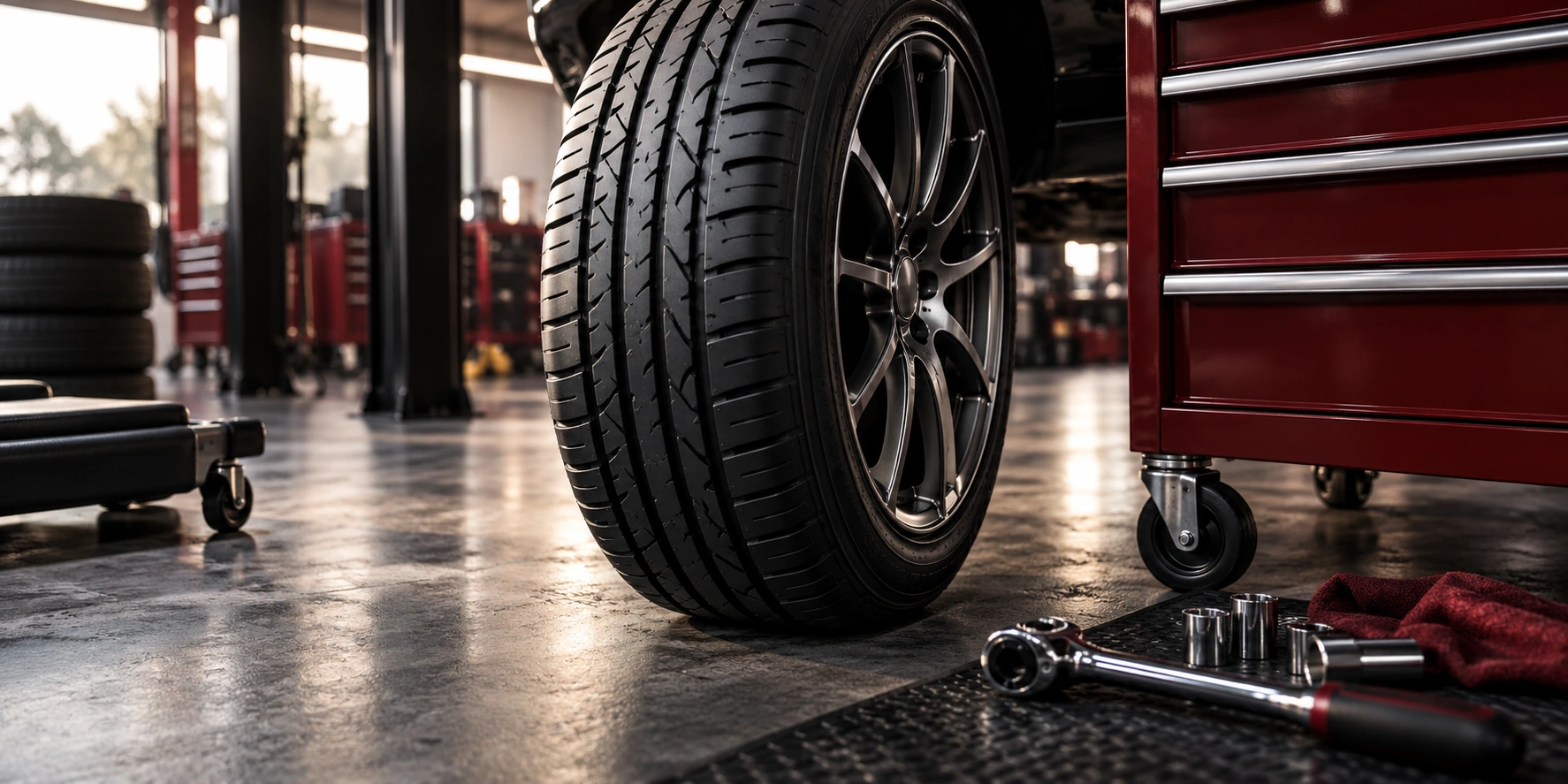 Close-up fresh unbranded tire tread and wheel beside a neat socket wrench and dark red tool trolley, automotive workshop editorial lighting.