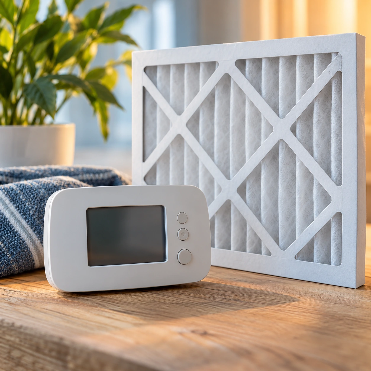 Close-up unbranded thermostat and clean household air filter arranged on light wood, soft natural light.