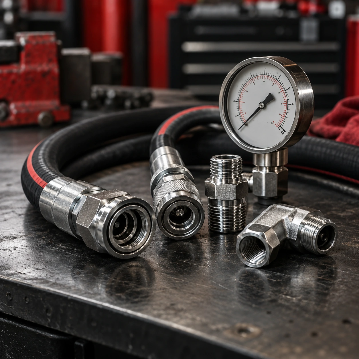 Hydraulic hose couplings, gauge and fitting neatly arranged on dark workbench; polished metal detail.