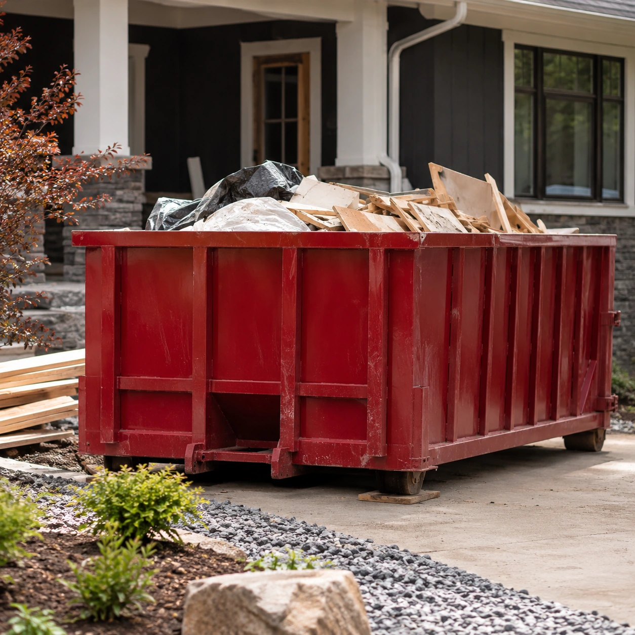 Unbranded roll-off container near small renovation site with orderly materials, gentle daylight; no workers or text.