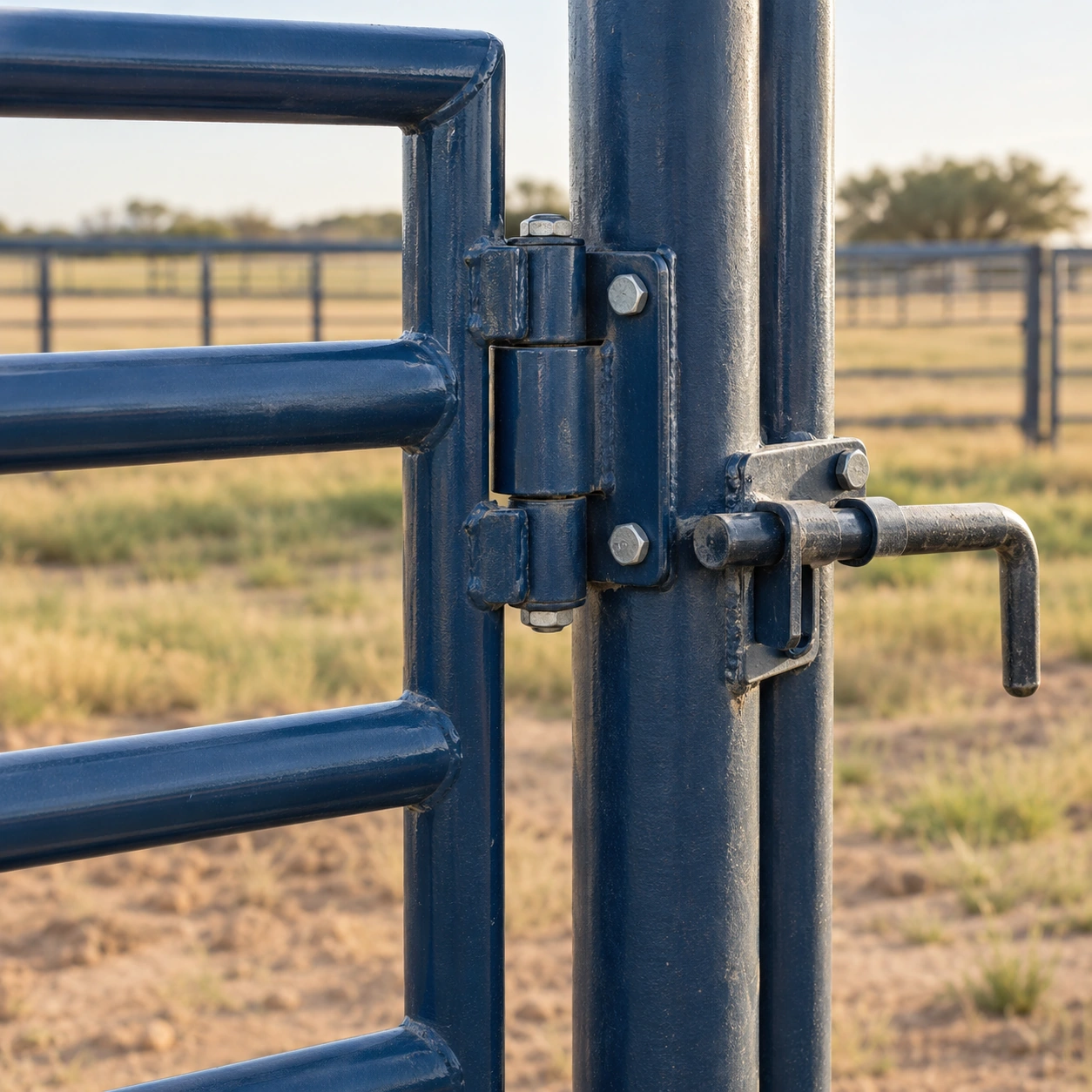 Detailed livestock handling gate hinge and latch in a ranch yard, with soft sandy grass background.