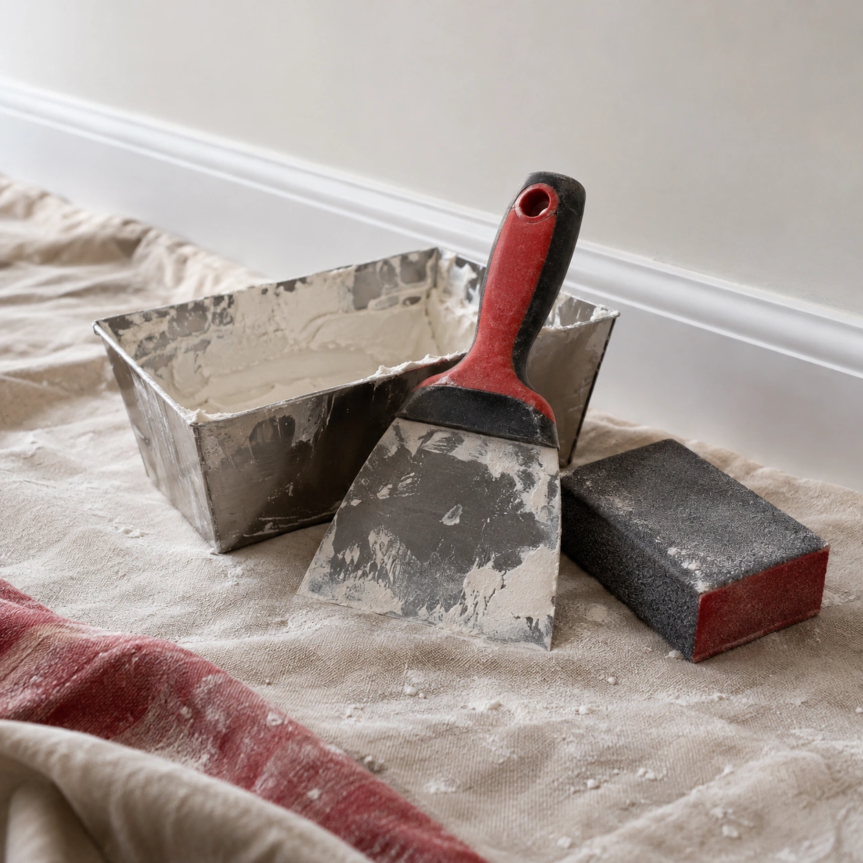 Drywall knife, sanding block and compound tray on protective floor cloth beside finished wall.