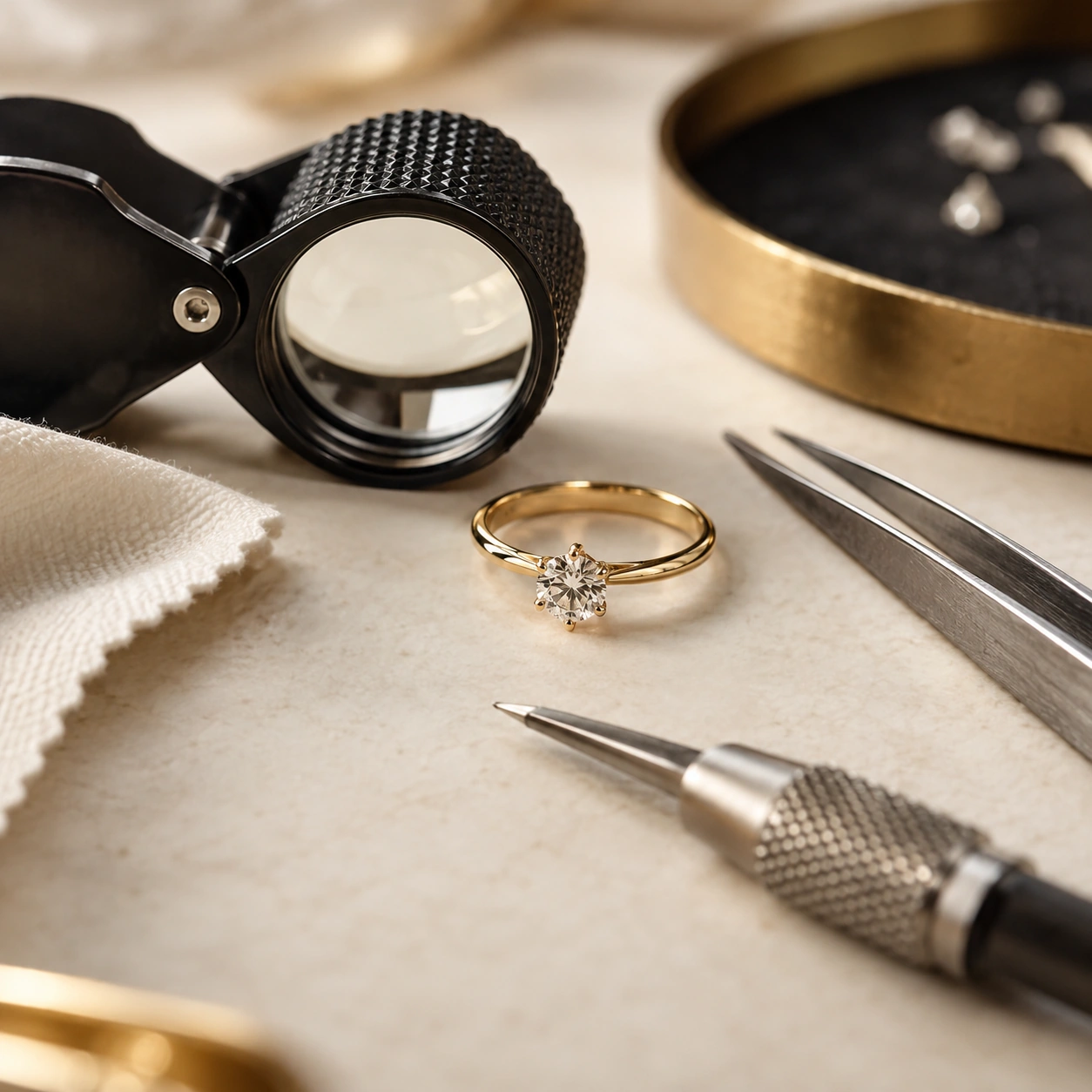 Jeweler loupe and precision tools beside a simple loose ring on cream workspace, macro craftsmanship detail.