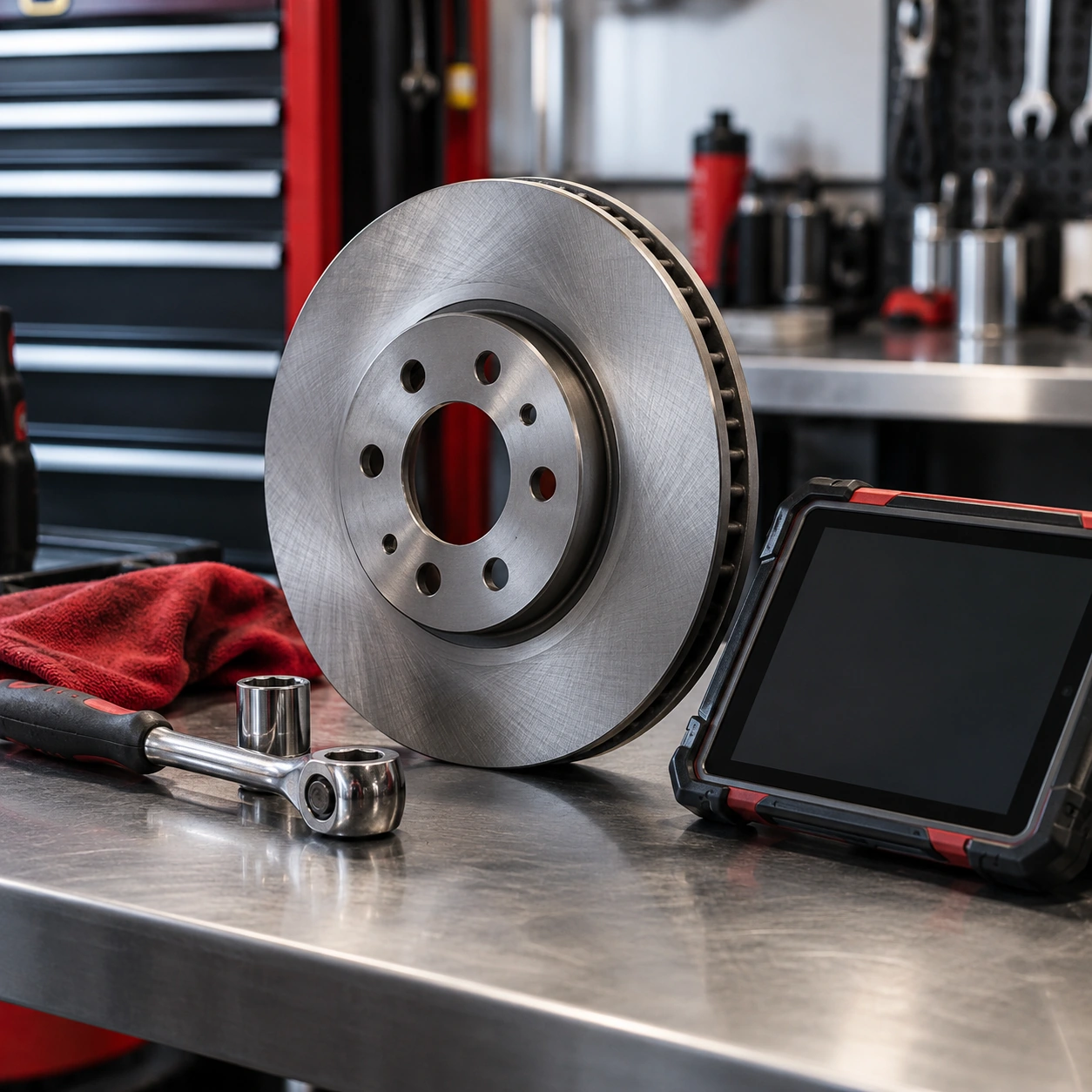 Brake rotor, socket tool and diagnostic tablet with blank screen on clean mechanics workbench.