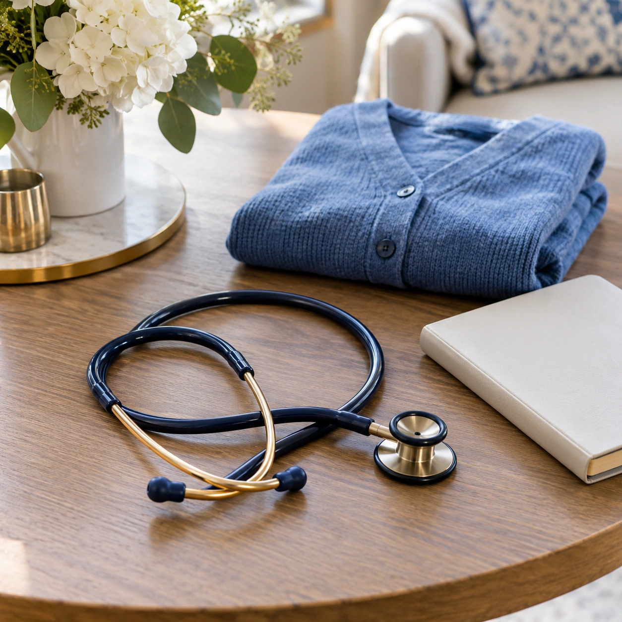 Stethoscope beside folded blue cardigan and plain closed care notebook on home table; no writing or patient data.