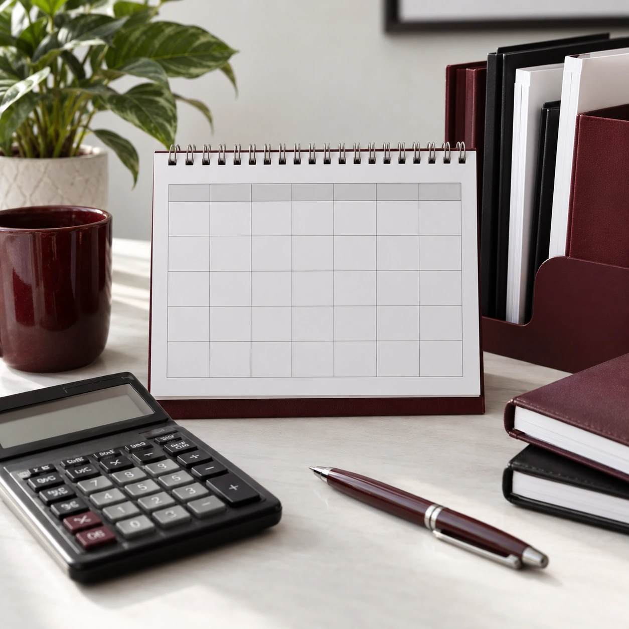 Payroll calendar with completely blank unnumbered grid, calculator and organized blank files on light desk.