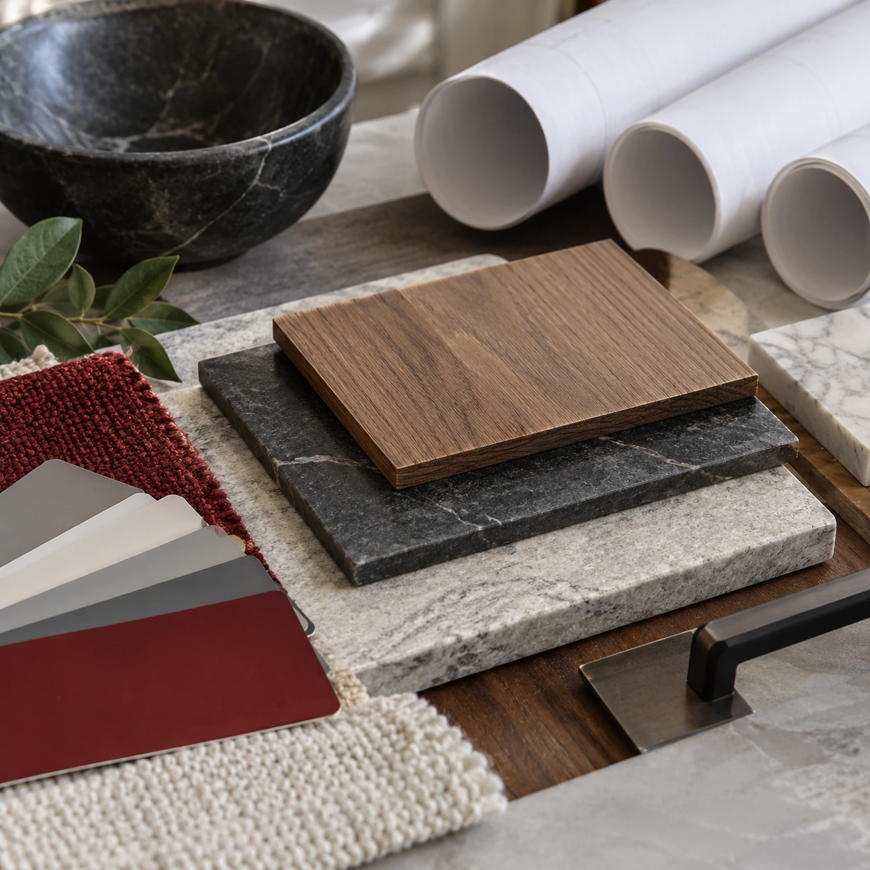 Interior renovation material samples, wood, stone, paint swatches and blank plan rolls on a table.
