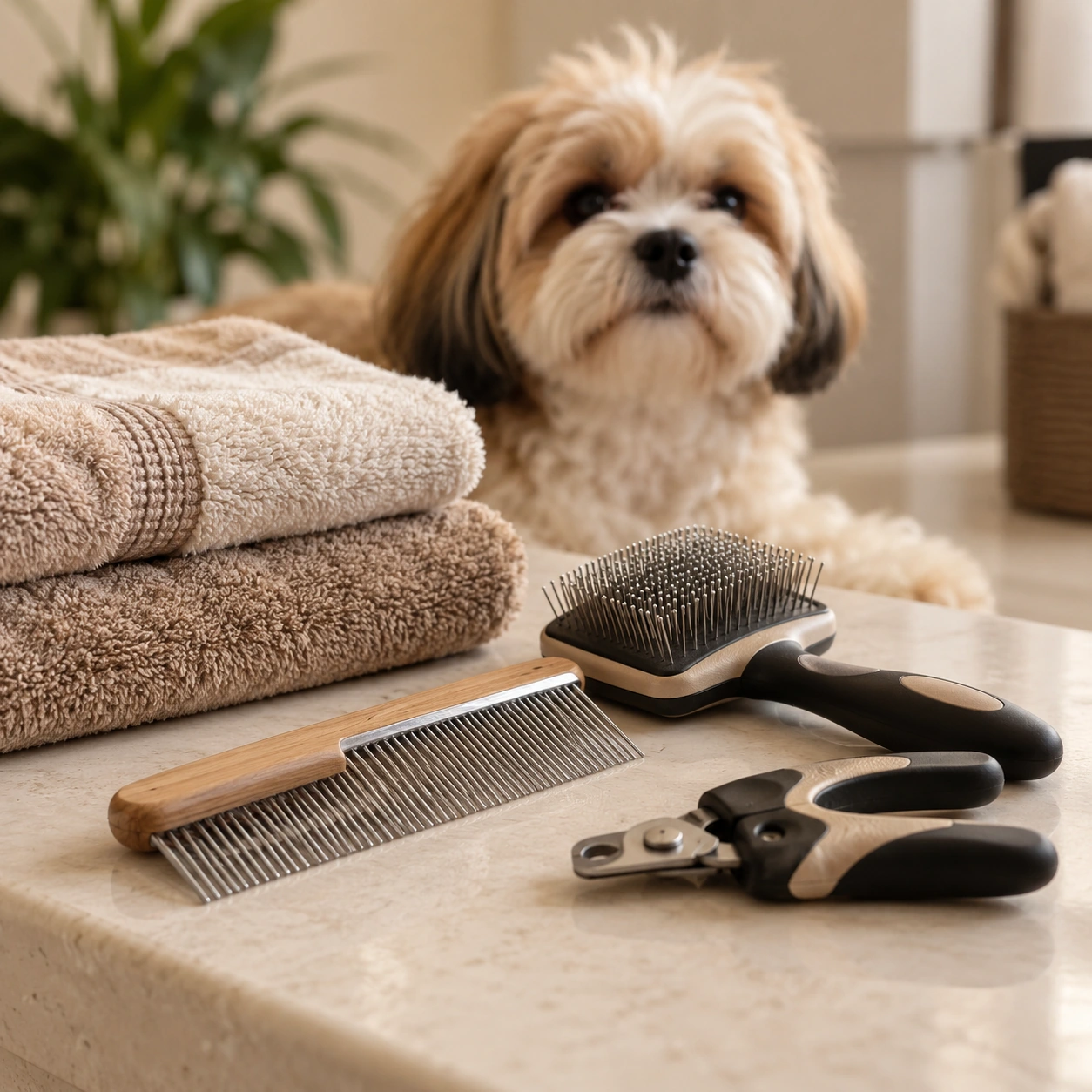Dog grooming comb, gentle brush, nail clipper and folded towels on cream tabletop, small dog softly in background.