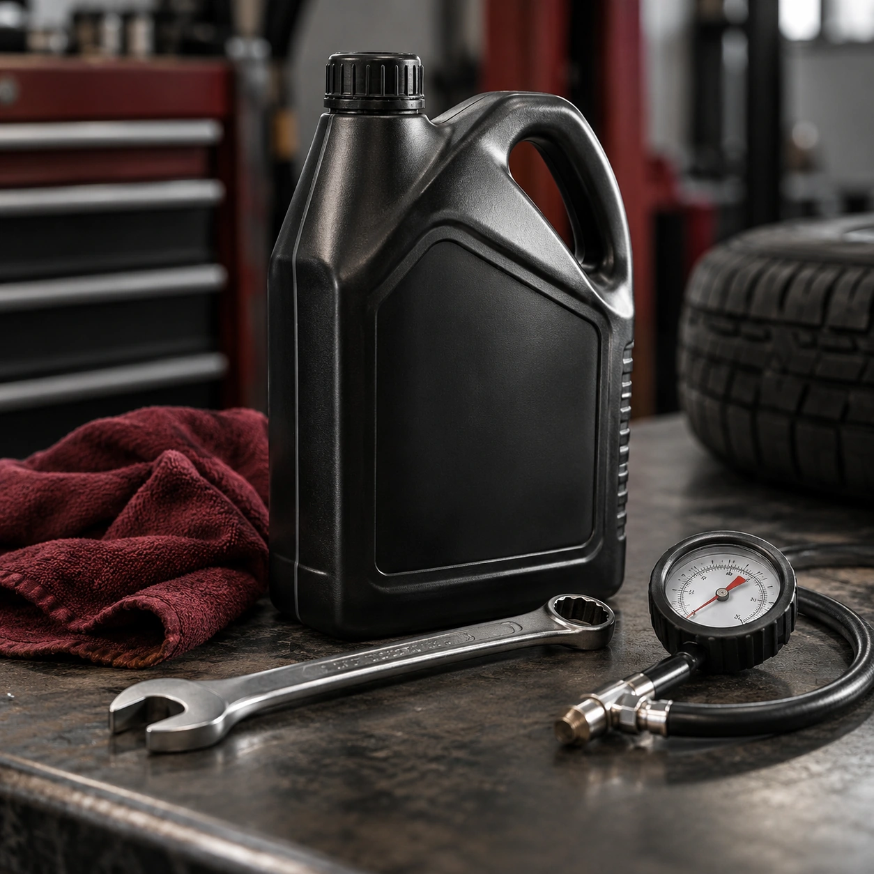 Unbranded oil bottle, wrench, shop rag and tire pressure gauge neatly arranged on workbench.